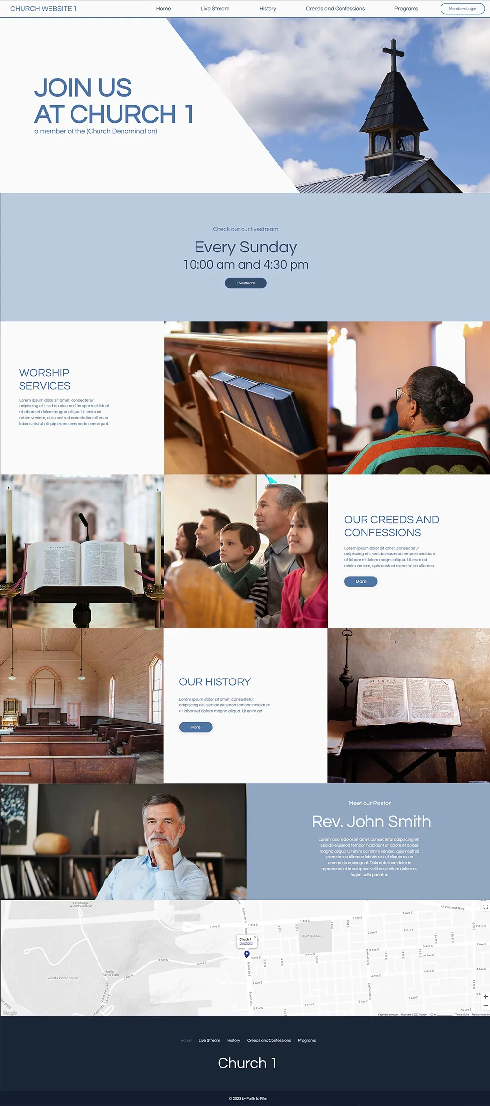 Design 01, Daybreak, as a full home page: a slanted photo of a steeple beside “Join us at Church 1”, a blue Sunday livestream banner, a grid of photos with worship, creeds and history sections, a welcome from the pastor, a map and a dark footer.