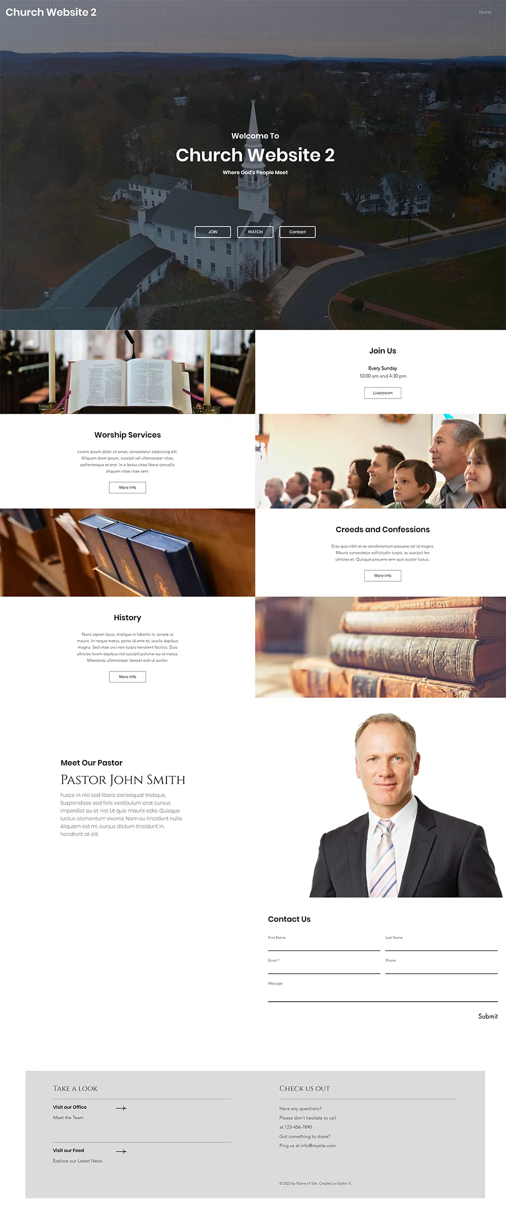 Design 02, Heritage, as a full home page: a dark aerial photo of a white church under “Welcome to Church Website 2”, alternating photo and text blocks for service times, worship, creeds and history, a pastor introduction, a contact form and a grey footer.
