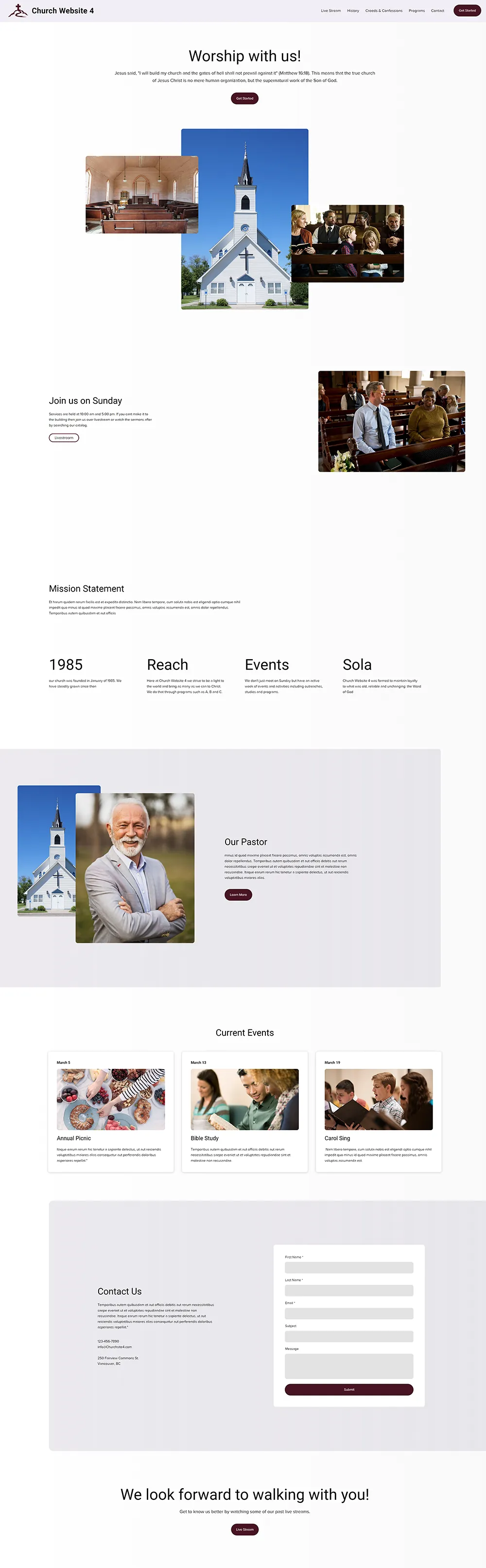 Design 04, Gather, as a full home page: “Worship with us!” over a collage of church photos, a Sunday section, a mission statement and a row of four highlights, a pastor introduction, three event cards, a contact form and a closing livestream button.