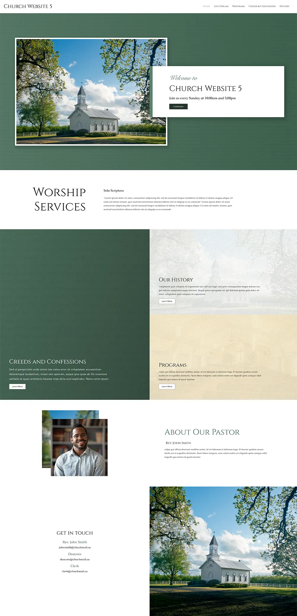 Design 05, Evergreen, as a full home page: a framed photo of a white country church on deep green beside “Welcome to Church Website 5”, worship services, green and pale colour blocks for history, creeds and programs, an about-the-pastor section, and contact details beside a large photo.