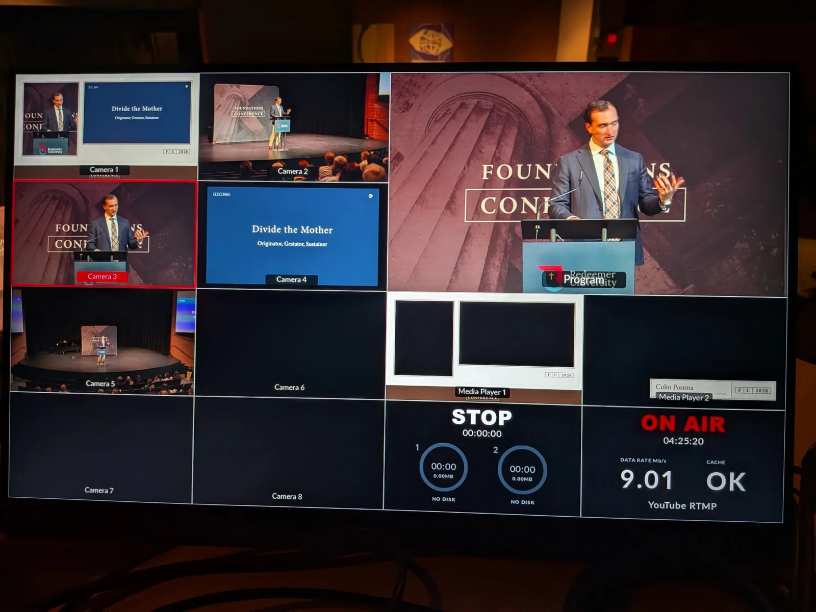 The multiview at the Foundations Conference: the program feed of the speaker beside eight camera tiles, media players and the On Air stream status