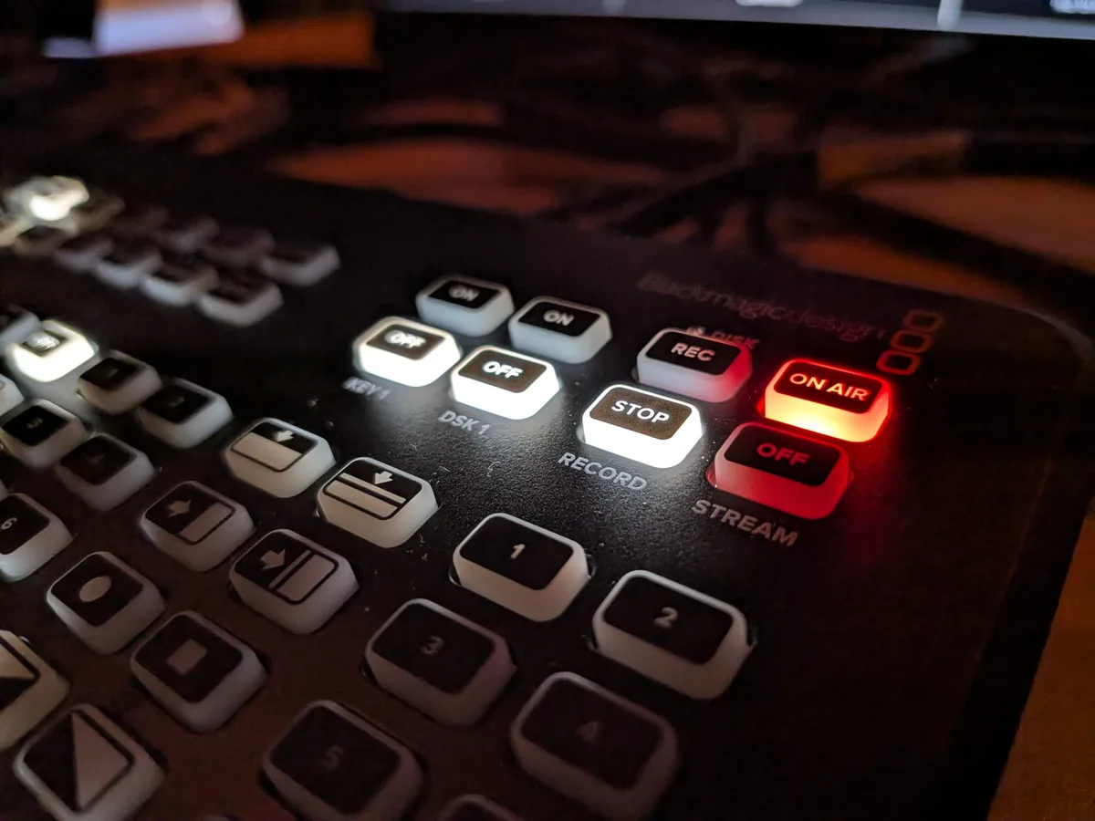 The switcher's On Air button lit red
