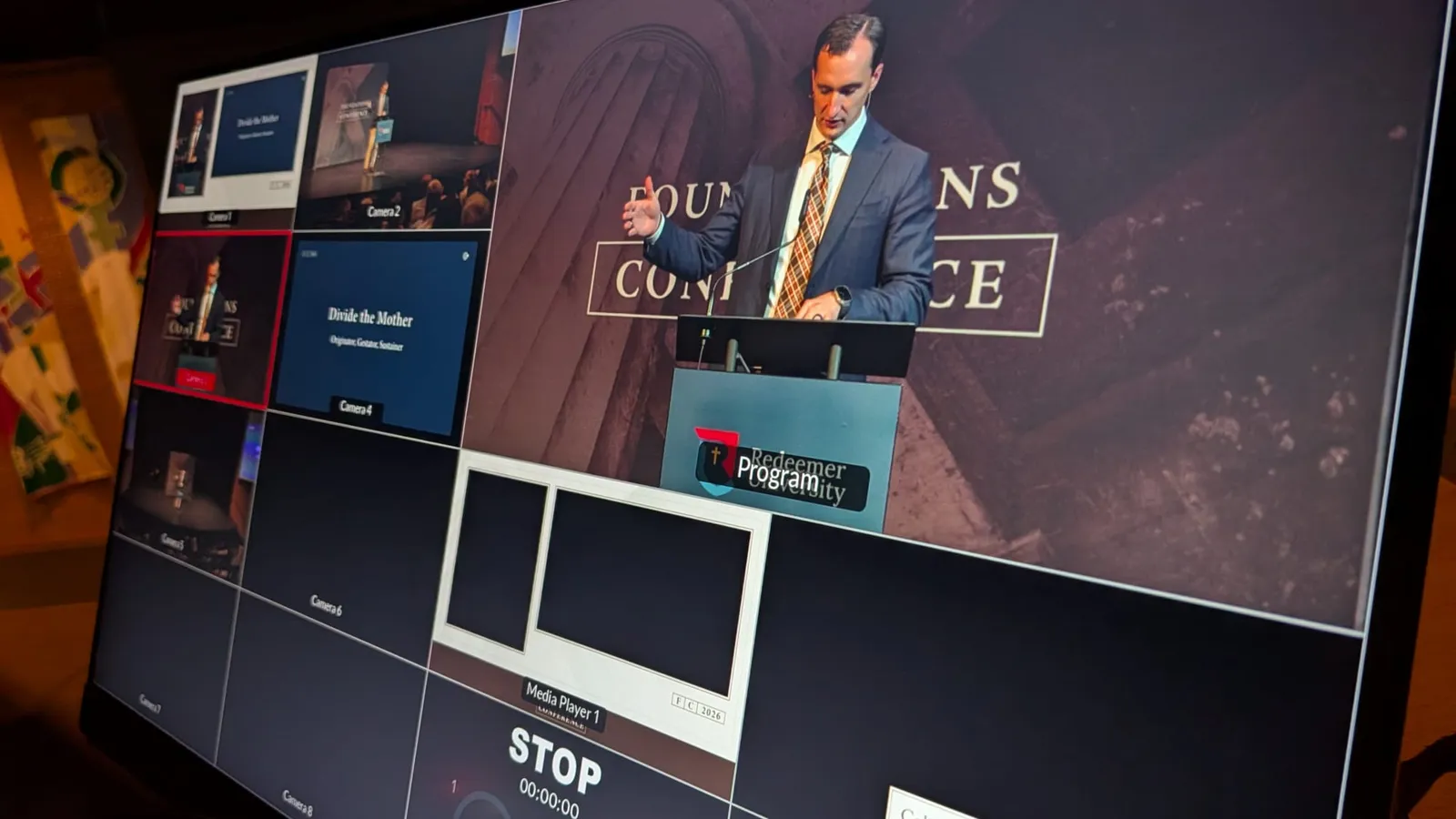 The multiview at the Foundations Conference: the program feed of the speaker beside the camera, slide and media player sources